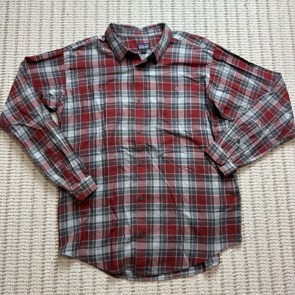 Patagonia Organic Cotton Button Up Flannel Shirt Mens XL Red Plaid Hiking Pima